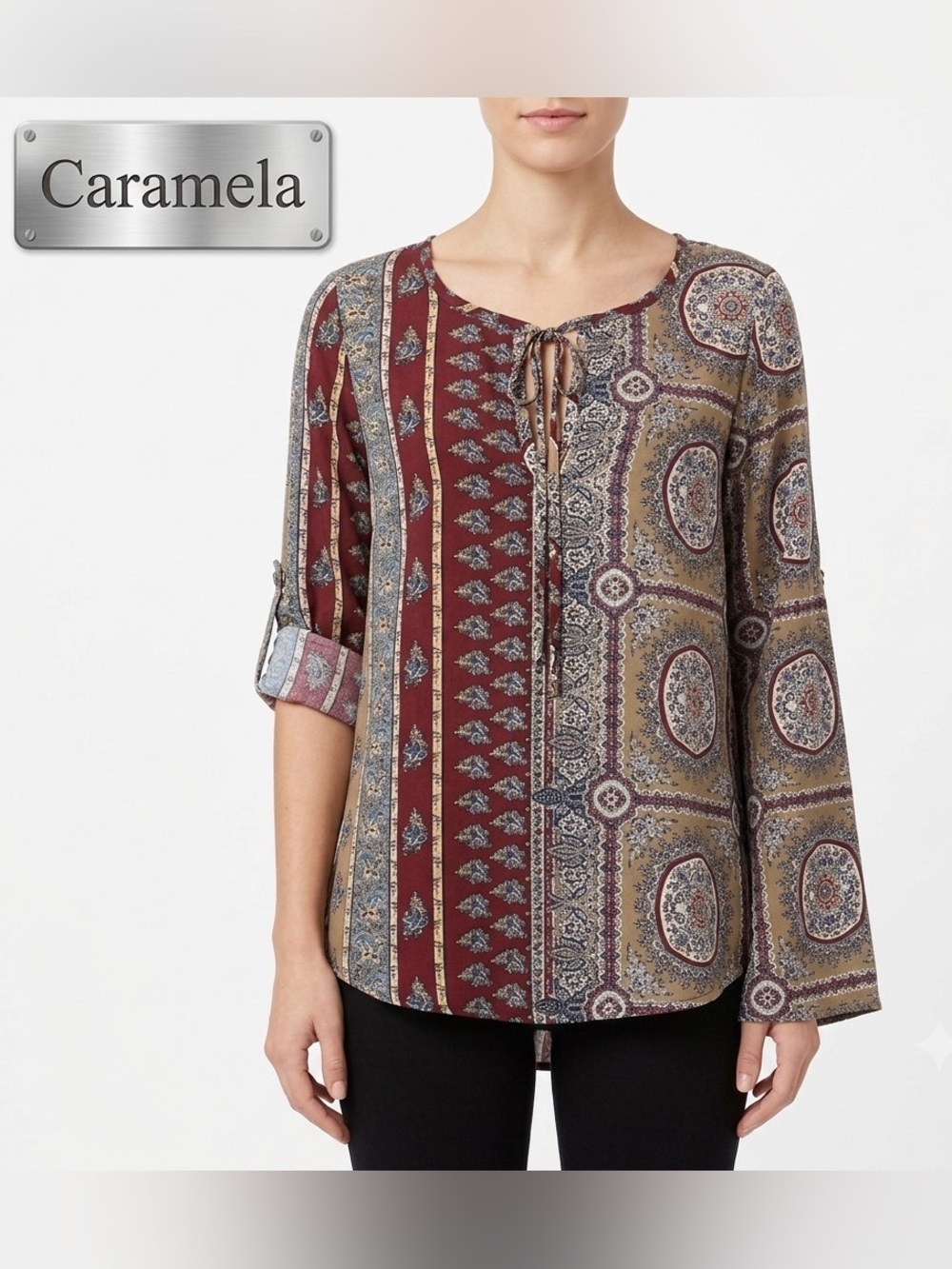 Caramela Roll Tab Sleeves Multiple Paisley Print Blouse Small